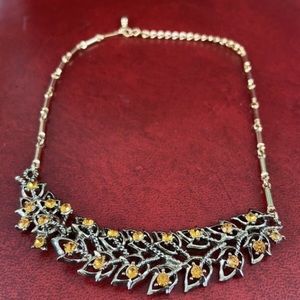 Vintage Bib Necklace Goldtone Citrine Rhinestone Adjustable Choker Flower Leaves
